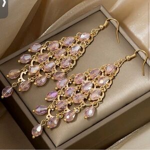 Pink Crystal and Gold Tone Chandalier Drop Earrings